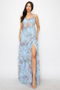 Light Blue Floral Maxi Dress With Slit