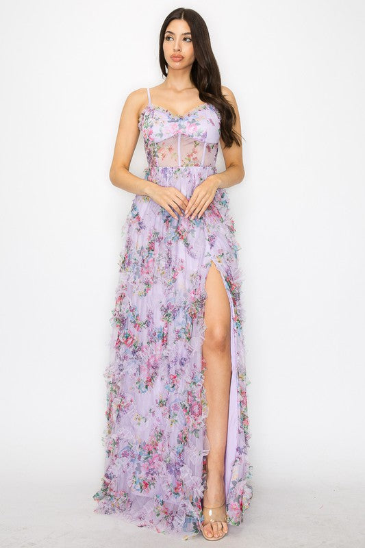 Lilac Floral Maxi Dress With Slit