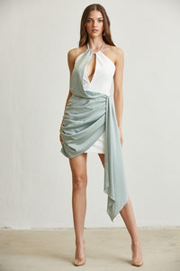Sage Rhinestone Trim Satin Drape Dress