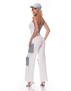 White Solid Contrast Pocket Jumpsuit