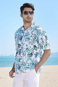 Light Blue Mens Hawaiian Casual Button Down Floral Shirt