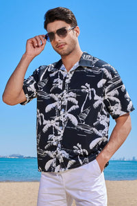 Black Men's Tropical Print Short Sleeve Hawaiian Shirt