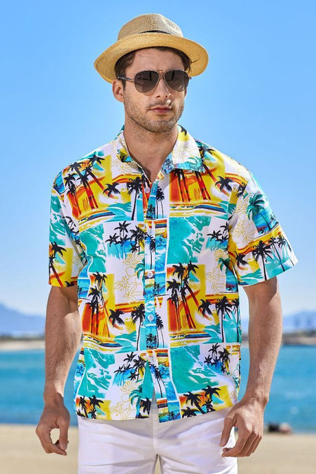 Green Mens Regular Fit Short Sleeve Hawaiian Shirts