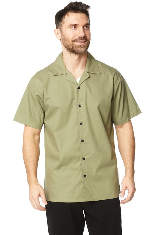 Green Mens Canvas Short Sleeve Flat Collar Solid Shirt