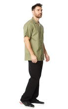 Green Mens Canvas Short Sleeve Flat Collar Solid Shirt