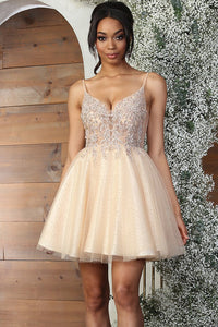 Champagne Deep V Neck Embroidered Illusion Top Cocktail Dress