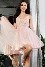 Blush Deep V Neck Embroidered Illusion Top Cocktail Dress