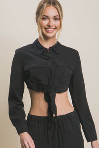 Black Long Sleeve Cropped Top with Front Tie Design