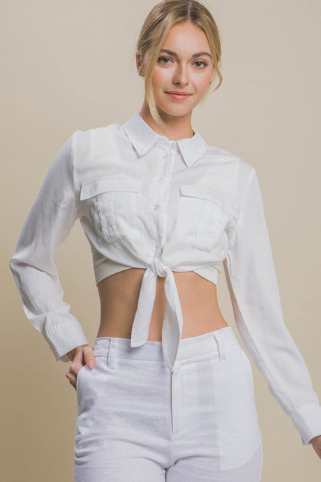 White Long Sleeve Cropped Top with Front Tie Design