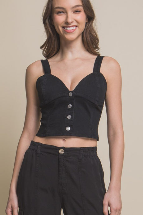 Black Denim Cropped Vest Top with Buttons