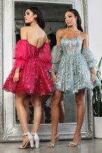 Fuchsia Sweetheart Bustier Illusion Top Glitter Print Cocktail Dress