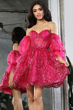 Fuchsia Sweetheart Bustier Illusion Top Glitter Print Cocktail Dress