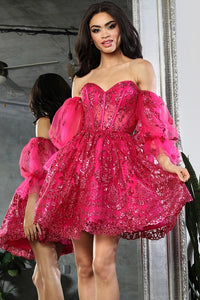 Fuchsia Sweetheart Bustier Illusion Top Glitter Print Cocktail Dress