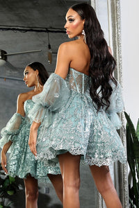 Sage Sweetheart Bustier Illusion Top Glitter Print Cocktail Dress
