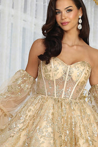 Champagne Sweetheart Bustier Illusion Top Glitter Print Cocktail Dress