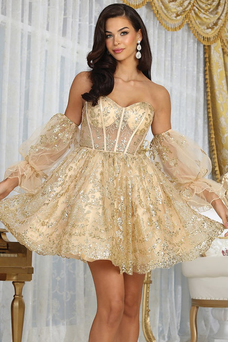Champagne Sweetheart Bustier Illusion Top Glitter Print Cocktail Dress