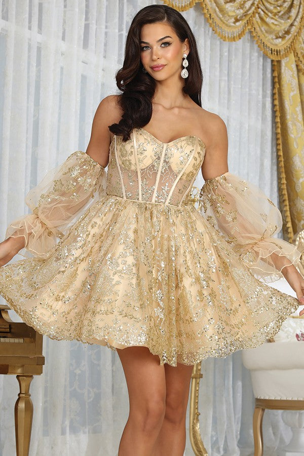 Champagne Sweetheart Bustier Illusion Top Glitter Print Cocktail Dress