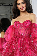 Fuchsia Sweetheart Bustier Illusion Top Glitter Print Cocktail Dress
