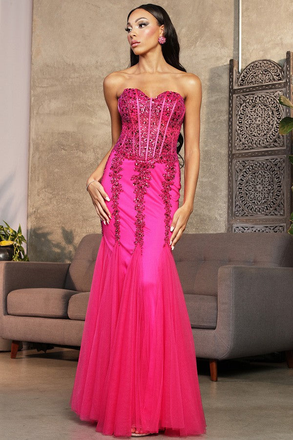 Magenta Embellished Sweetheart Bustier Top Mermaid Dress