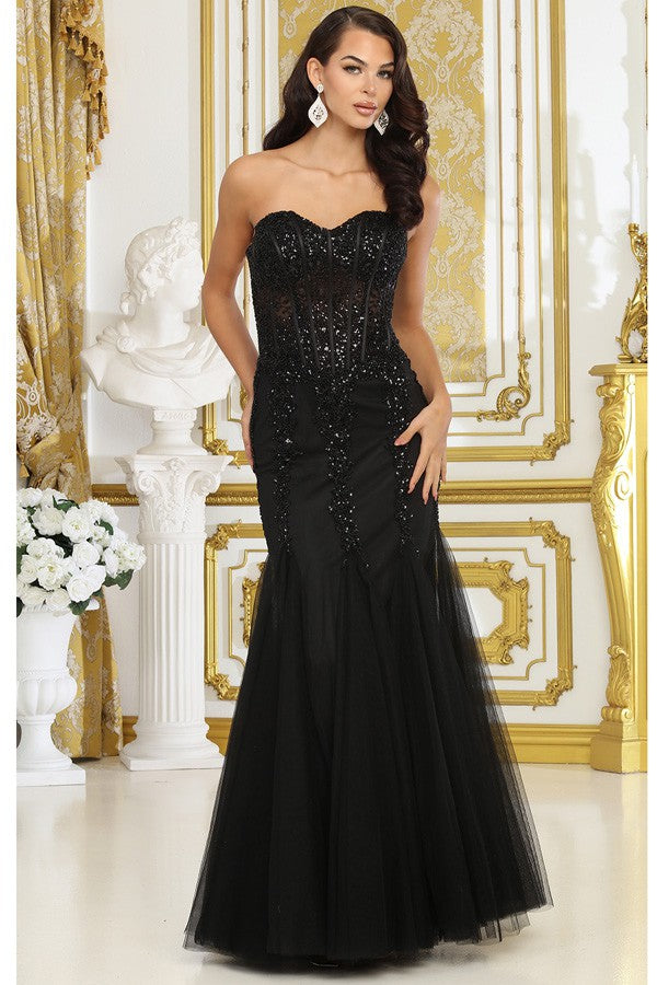 Black Embellished Sweetheart Bustier Top Mermaid Dress