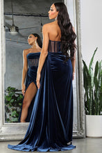 Midnight Blue Strapless Bustier Illusion Top Velvet Dress