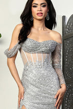 Silver Asymmetric Bustier Illusion Top Sequin Dress