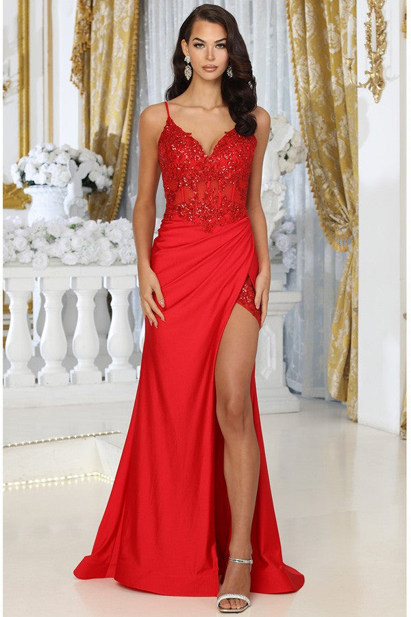 Red Deep V Neck Embroidered Bustier Top Mermaid Dress