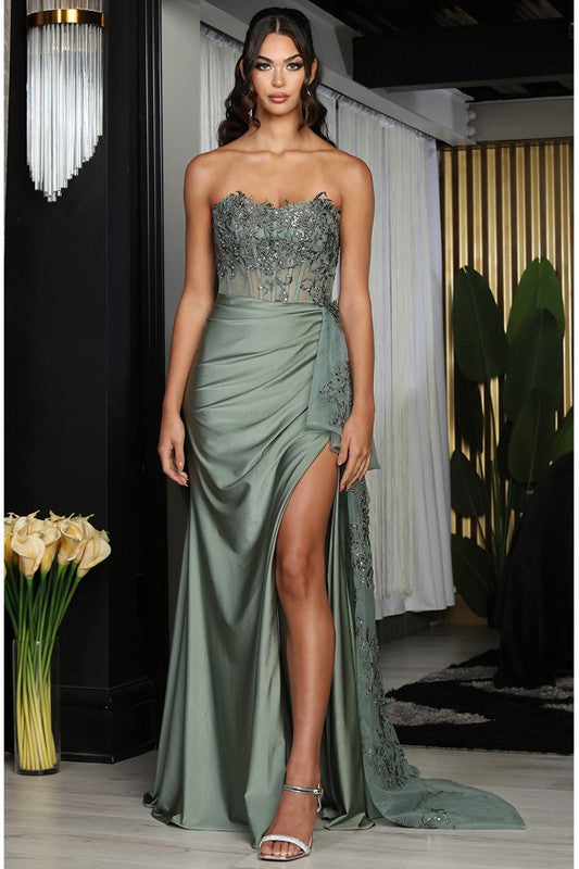 Sage Bustier Embroidery Top Waist Cape Sheath Dress