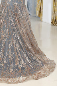 Charcoal Deep V Neck Golden Glitter Print Mermaid Dress