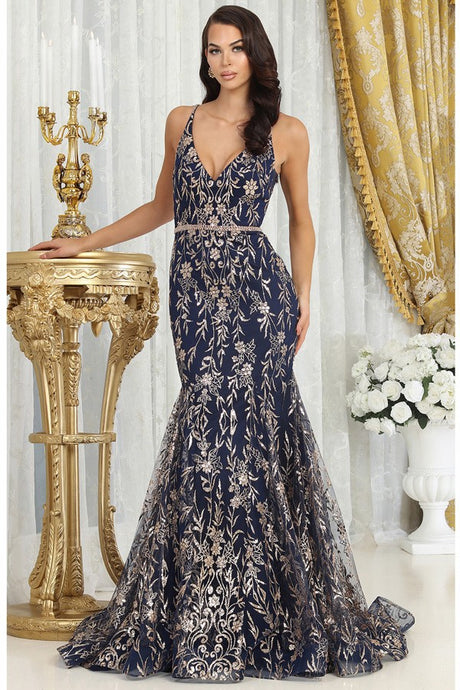 Navy Deep V Neck Golden Glitter Print Mermaid Dress