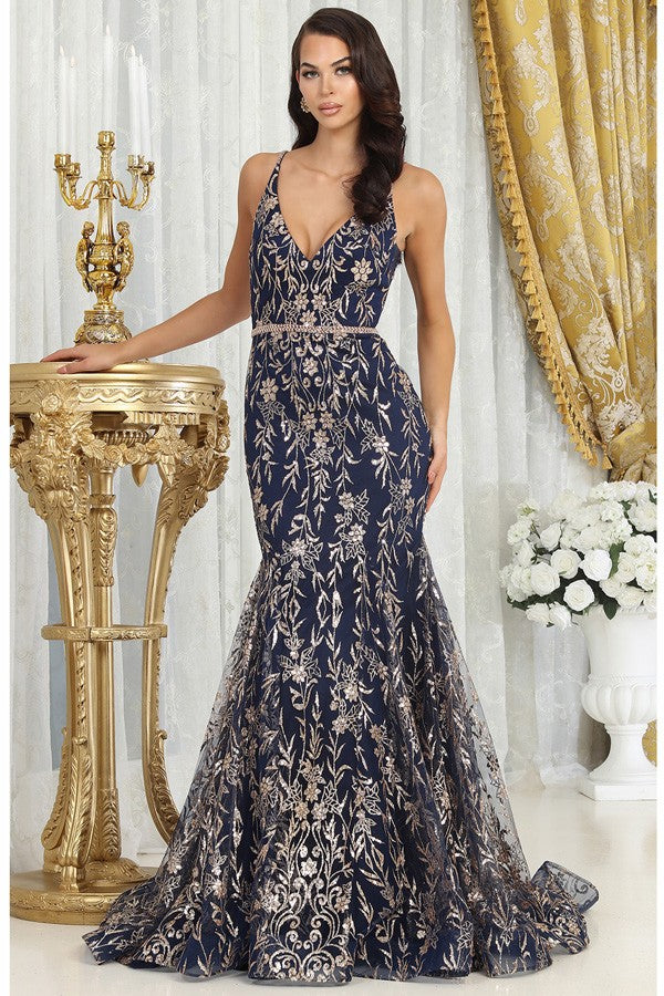 Navy Deep V Neck Golden Glitter Print Mermaid Dress