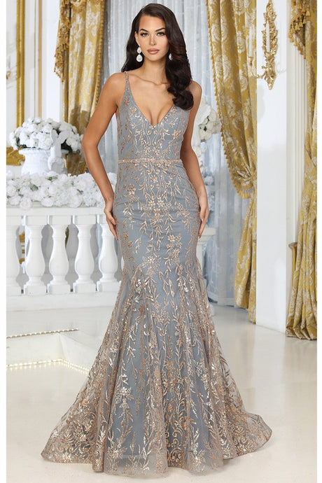 Charcoal Deep V Neck Golden Glitter Print Mermaid Dress