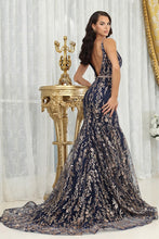 Navy Deep V Neck Golden Glitter Print Mermaid Dress