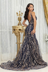 Navy Deep V Neck Golden Glitter Print Mermaid Dress