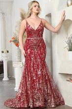 Burgundy Deep V Neck Golden Glitter Print Mermaid Dress