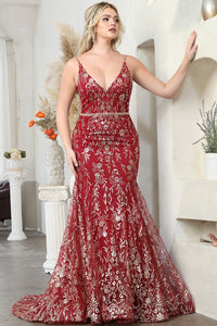 Burgundy Deep V Neck Golden Glitter Print Mermaid Dress
