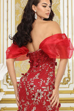 Burgundy Off Shoulder 3d Floral Applique Glitter Print Merm