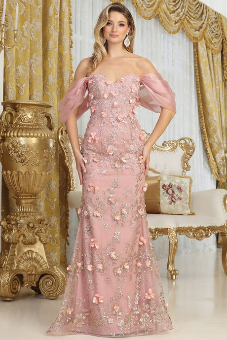 Rose Gold Off Shoulder 3d Floral Applique Glitter Print Merm