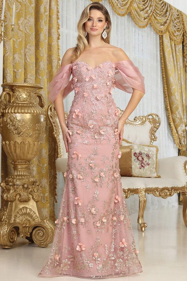 Rose Gold Off Shoulder 3d Floral Applique Glitter Print Merm