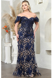 Navy Off Shoulder 3d Floral Applique Glitter Print Merm