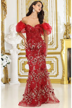 Burgundy Off Shoulder 3d Floral Applique Glitter Print Merm