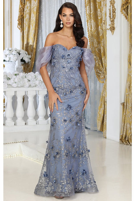 Dusty Blue Off Shoulder 3d Floral Applique Glitter Print Merm