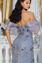 Dusty Blue Off Shoulder 3d Floral Applique Glitter Print Merm