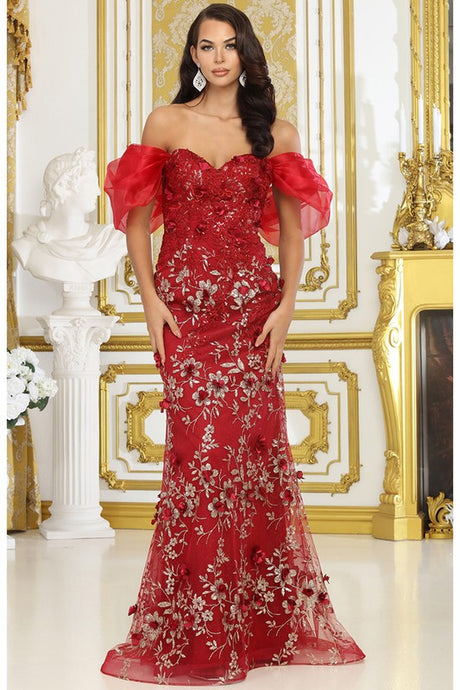 Burgundy Off Shoulder 3d Floral Applique Glitter Print Merm
