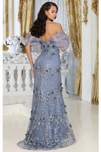 Dusty Blue Off Shoulder 3d Floral Applique Glitter Print Merm