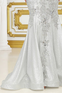 Silver Off Shoulder Embroidery Detail Metallic Mermaid DR