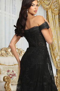 Black Off Shoulder Gathered Mesh Overlay Mermaid Dress