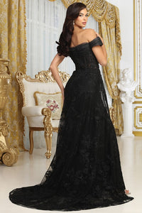 Black Off Shoulder Gathered Mesh Overlay Mermaid Dress