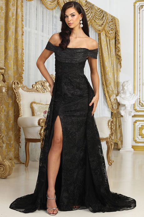 Black Off Shoulder Gathered Mesh Overlay Mermaid Dress