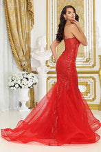 Red Bustier Illusion Top Deep V Neck Mermaid Dress